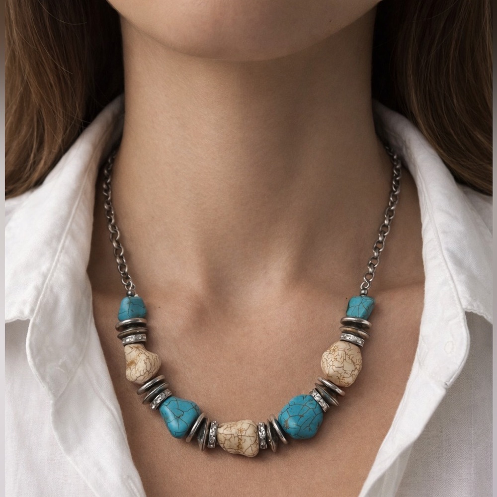 Faux Turquoise and synthetic stones and Silver-tone chain Women's Necklace